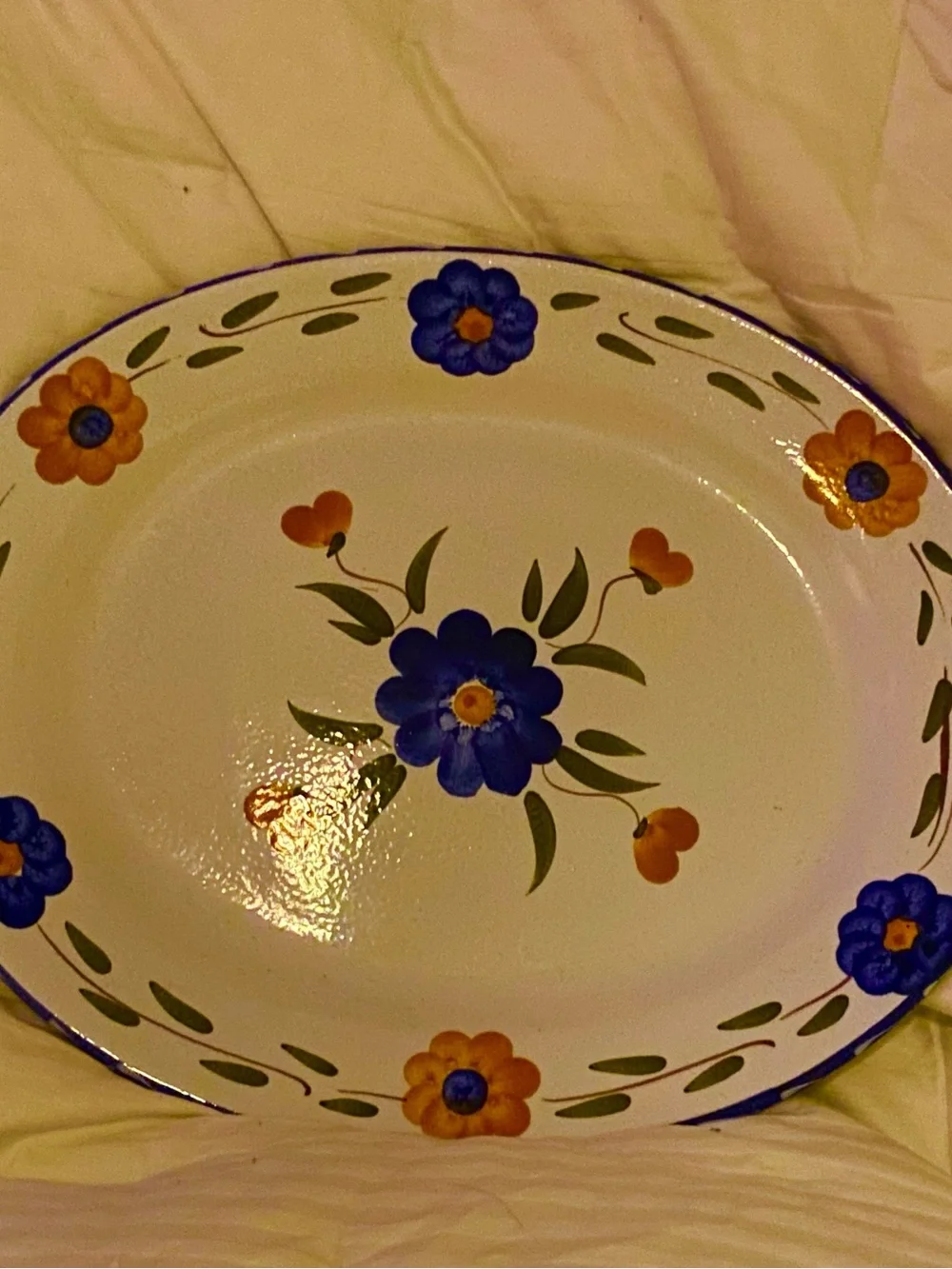 Vintage Furio Made in Italy Ceramic Floral Large 16”x13” Platter, White & Blue.